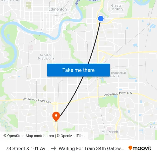 73 Street & 101 Avenue to Waiting For Train 34th Gateway Blvd. map