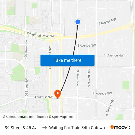 99 Street & 45 Avenue to Waiting For Train 34th Gateway Blvd. map