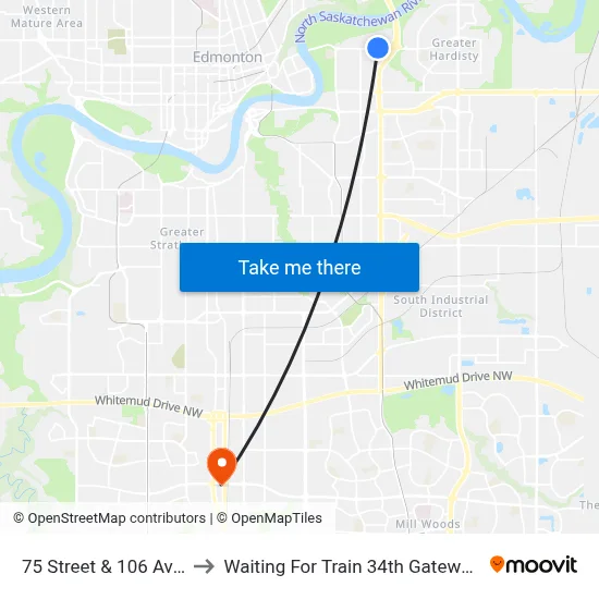 75 Street & 106 Avenue to Waiting For Train 34th Gateway Blvd. map
