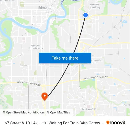 67 Street & 101 Avenue to Waiting For Train 34th Gateway Blvd. map