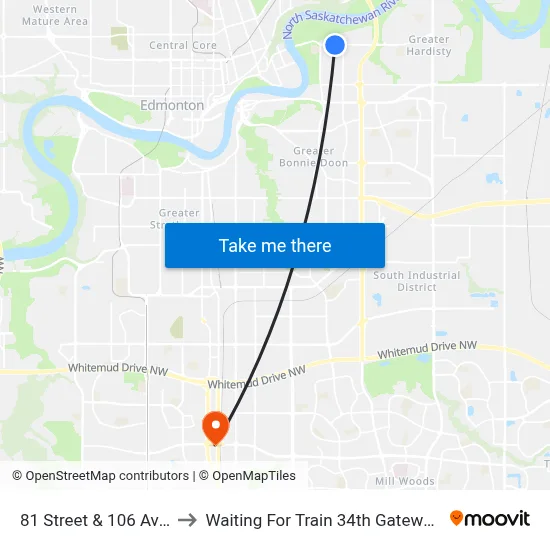 81 Street & 106 Avenue to Waiting For Train 34th Gateway Blvd. map