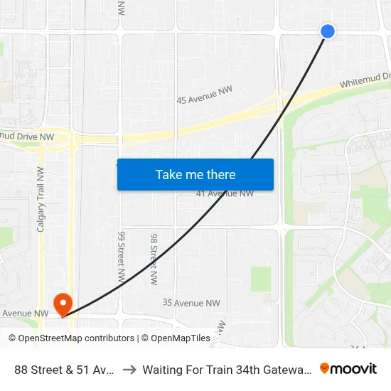 88 Street & 51 Avenue to Waiting For Train 34th Gateway Blvd. map