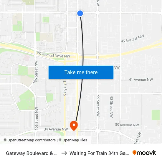 Gateway Boulevard & 51 Avenue to Waiting For Train 34th Gateway Blvd. map
