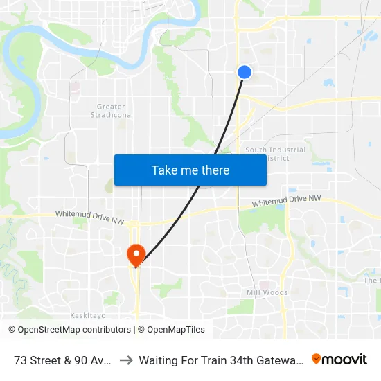 73 Street & 90 Avenue to Waiting For Train 34th Gateway Blvd. map