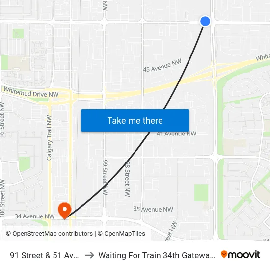 91 Street & 51 Avenue to Waiting For Train 34th Gateway Blvd. map