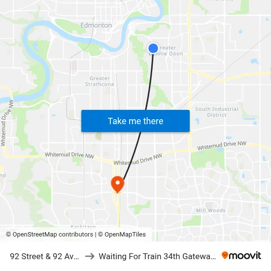 92 Street & 92 Avenue to Waiting For Train 34th Gateway Blvd. map