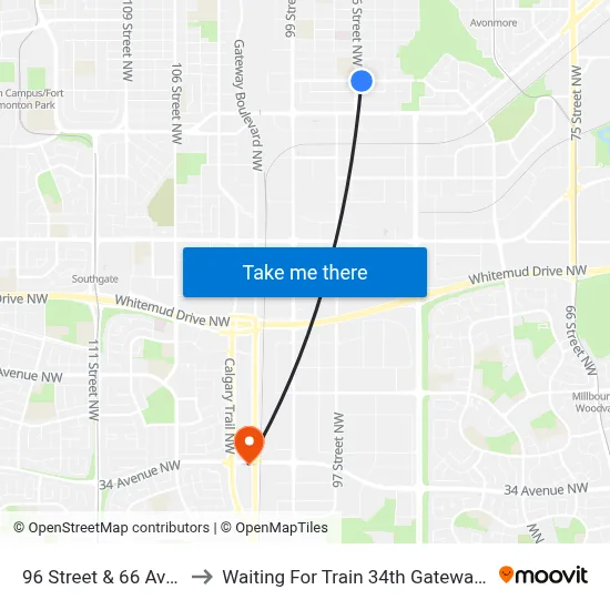 96 Street & 66 Avenue to Waiting For Train 34th Gateway Blvd. map