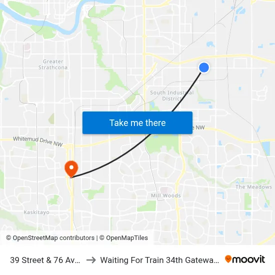 39 Street & 76 Avenue to Waiting For Train 34th Gateway Blvd. map