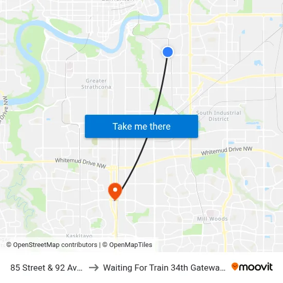 85 Street & 92 Avenue to Waiting For Train 34th Gateway Blvd. map