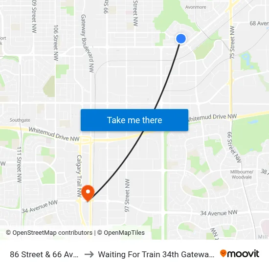 86 Street & 66 Avenue to Waiting For Train 34th Gateway Blvd. map