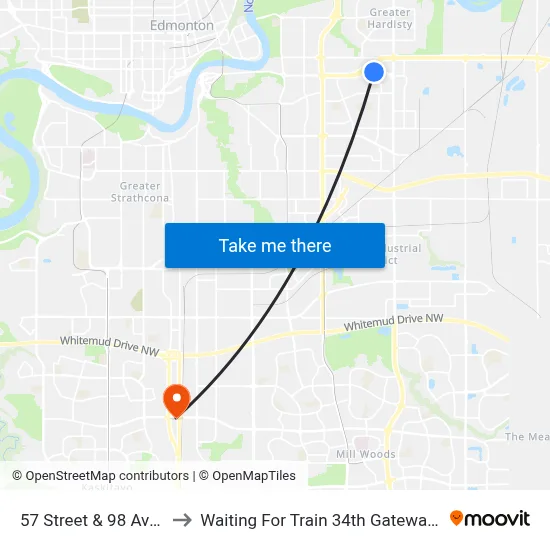 57 Street & 98 Avenue to Waiting For Train 34th Gateway Blvd. map
