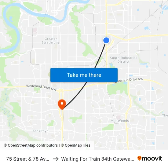 75 Street & 78 Avenue to Waiting For Train 34th Gateway Blvd. map