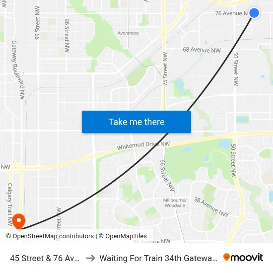 45 Street & 76 Avenue to Waiting For Train 34th Gateway Blvd. map