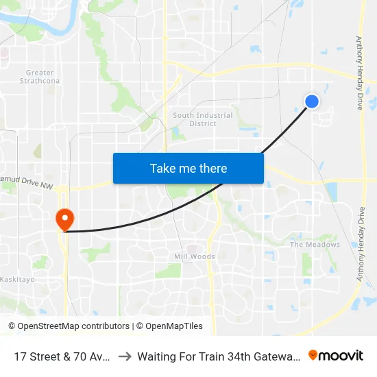 17 Street & 70 Avenue to Waiting For Train 34th Gateway Blvd. map