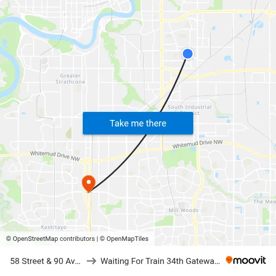 58 Street & 90 Avenue to Waiting For Train 34th Gateway Blvd. map