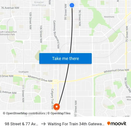98 Street & 77 Avenue to Waiting For Train 34th Gateway Blvd. map