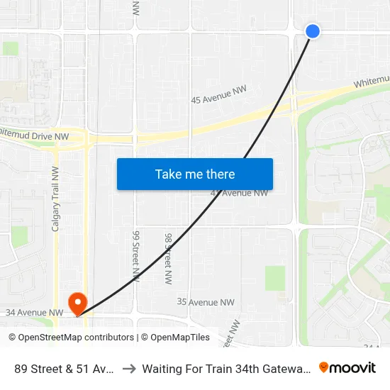 89 Street & 51 Avenue to Waiting For Train 34th Gateway Blvd. map