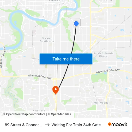 89 Street & Connors Road to Waiting For Train 34th Gateway Blvd. map