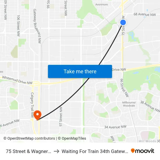 75 Street & Wagner Road to Waiting For Train 34th Gateway Blvd. map