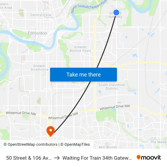 50 Street & 106 Avenue to Waiting For Train 34th Gateway Blvd. map