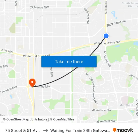 75 Street & 51 Avenue to Waiting For Train 34th Gateway Blvd. map