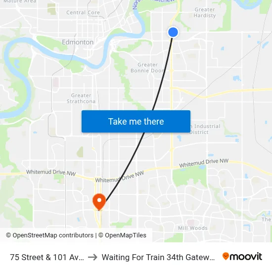 75 Street & 101 Avenue to Waiting For Train 34th Gateway Blvd. map