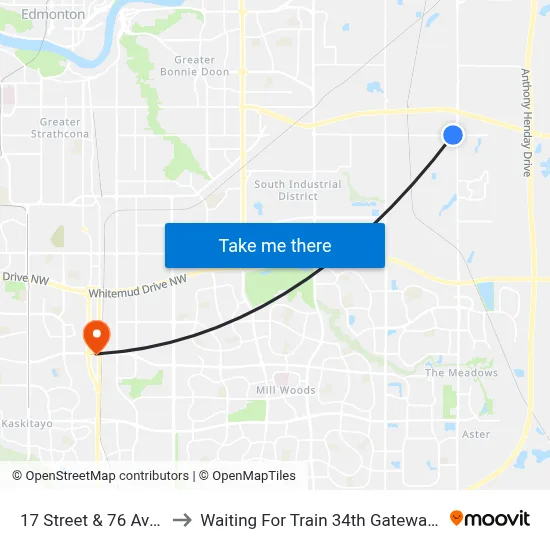 17 Street & 76 Avenue to Waiting For Train 34th Gateway Blvd. map