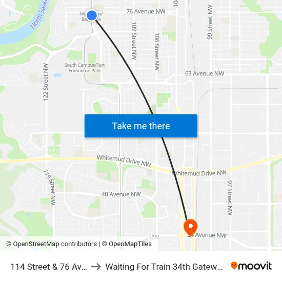 114 Street & 76 Avenue to Waiting For Train 34th Gateway Blvd. map