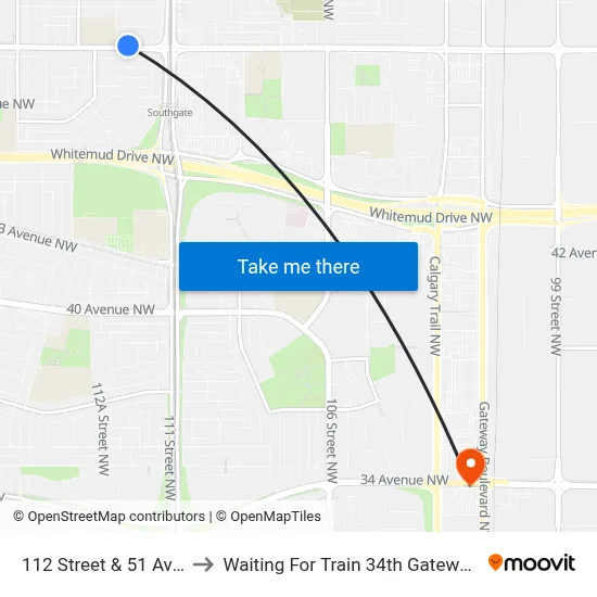 112 Street & 51 Avenue to Waiting For Train 34th Gateway Blvd. map