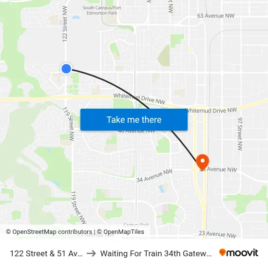 122 Street & 51 Avenue to Waiting For Train 34th Gateway Blvd. map