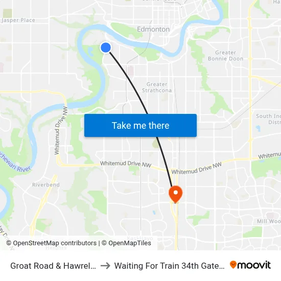 Groat Road & Hawrelak Park to Waiting For Train 34th Gateway Blvd. map