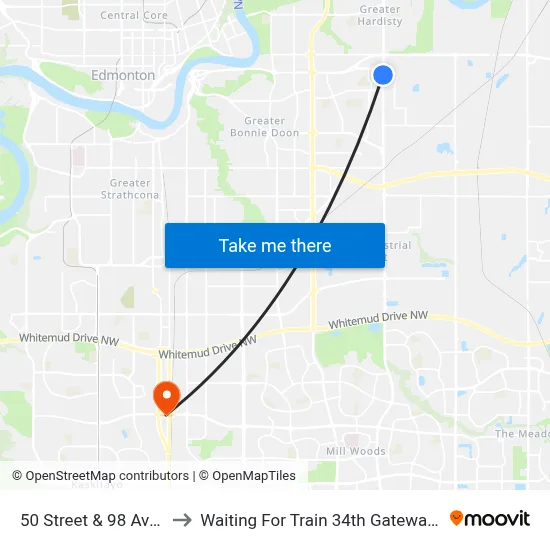 50 Street & 98 Avenue to Waiting For Train 34th Gateway Blvd. map