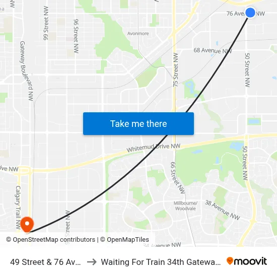 49 Street & 76 Avenue to Waiting For Train 34th Gateway Blvd. map