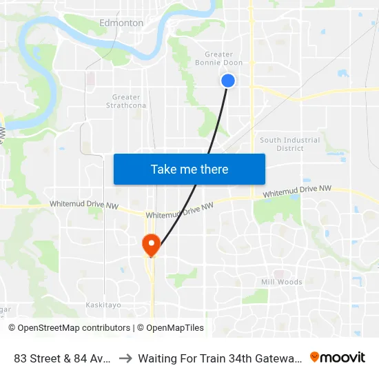 83 Street & 84 Avenue to Waiting For Train 34th Gateway Blvd. map