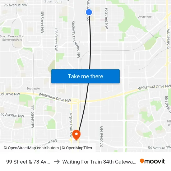 99 Street & 73 Avenue to Waiting For Train 34th Gateway Blvd. map
