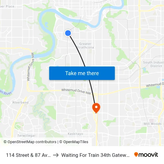 114 Street & 87 Avenue to Waiting For Train 34th Gateway Blvd. map