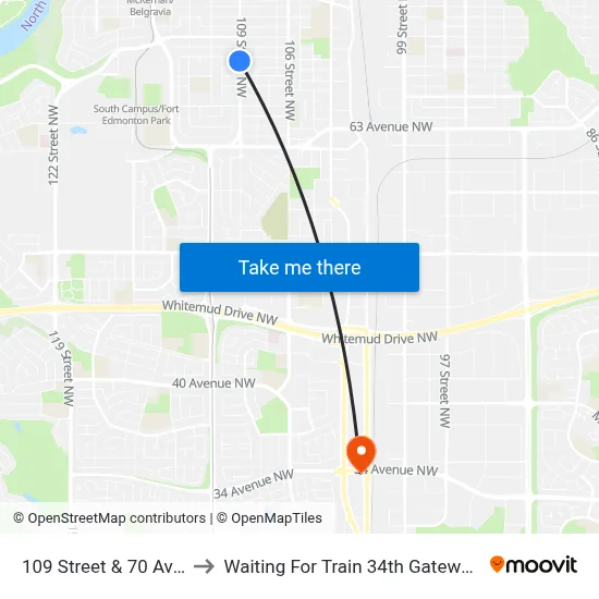109 Street & 70 Avenue to Waiting For Train 34th Gateway Blvd. map