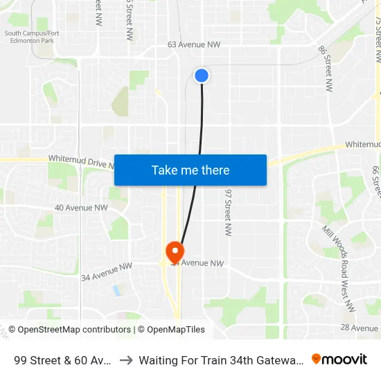 99 Street & 60 Avenue to Waiting For Train 34th Gateway Blvd. map
