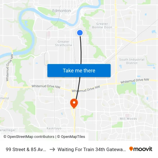 99 Street & 85 Avenue to Waiting For Train 34th Gateway Blvd. map