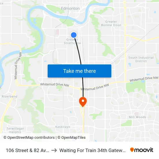 106 Street & 82 Avenue to Waiting For Train 34th Gateway Blvd. map