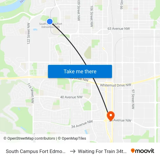 South Campus Fort Edmonton Transit Centre to Waiting For Train 34th Gateway Blvd. map