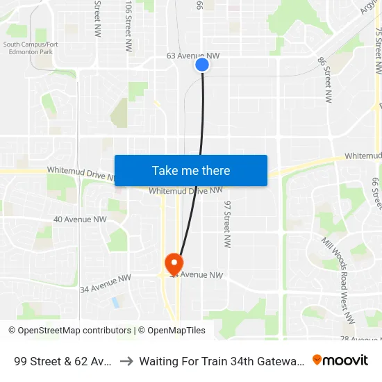 99 Street & 62 Avenue to Waiting For Train 34th Gateway Blvd. map