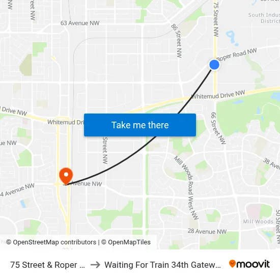 75 Street & Roper Road to Waiting For Train 34th Gateway Blvd. map