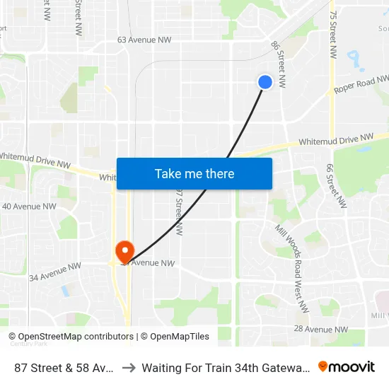 87 Street & 58 Avenue to Waiting For Train 34th Gateway Blvd. map
