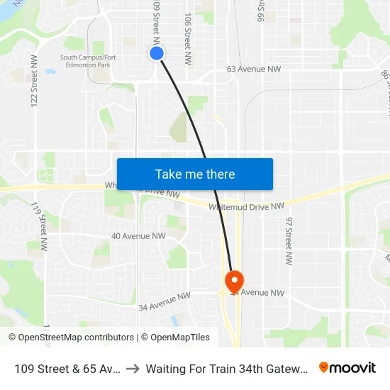 109 Street & 65 Avenue to Waiting For Train 34th Gateway Blvd. map