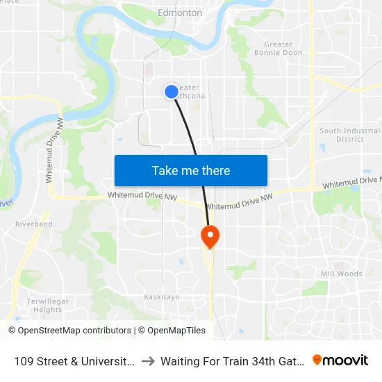 109 Street & University Avenue to Waiting For Train 34th Gateway Blvd. map