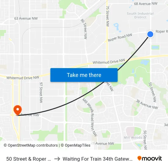 50 Street & Roper Road to Waiting For Train 34th Gateway Blvd. map