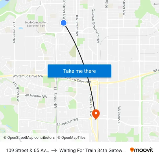 109 Street & 65 Avenue to Waiting For Train 34th Gateway Blvd. map