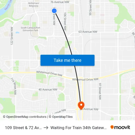 109 Street & 72 Avenue to Waiting For Train 34th Gateway Blvd. map