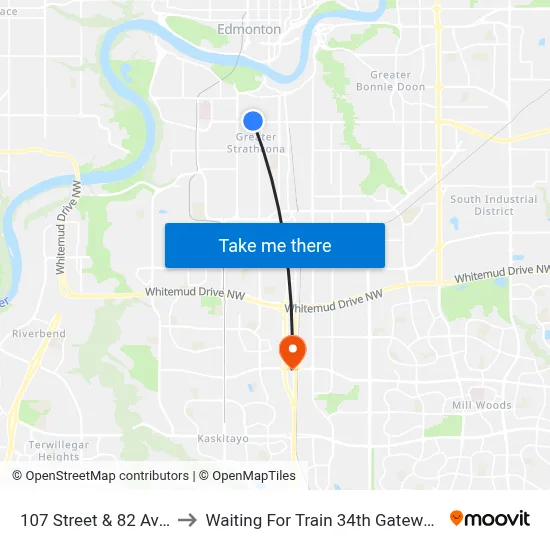 107 Street & 82 Avenue to Waiting For Train 34th Gateway Blvd. map